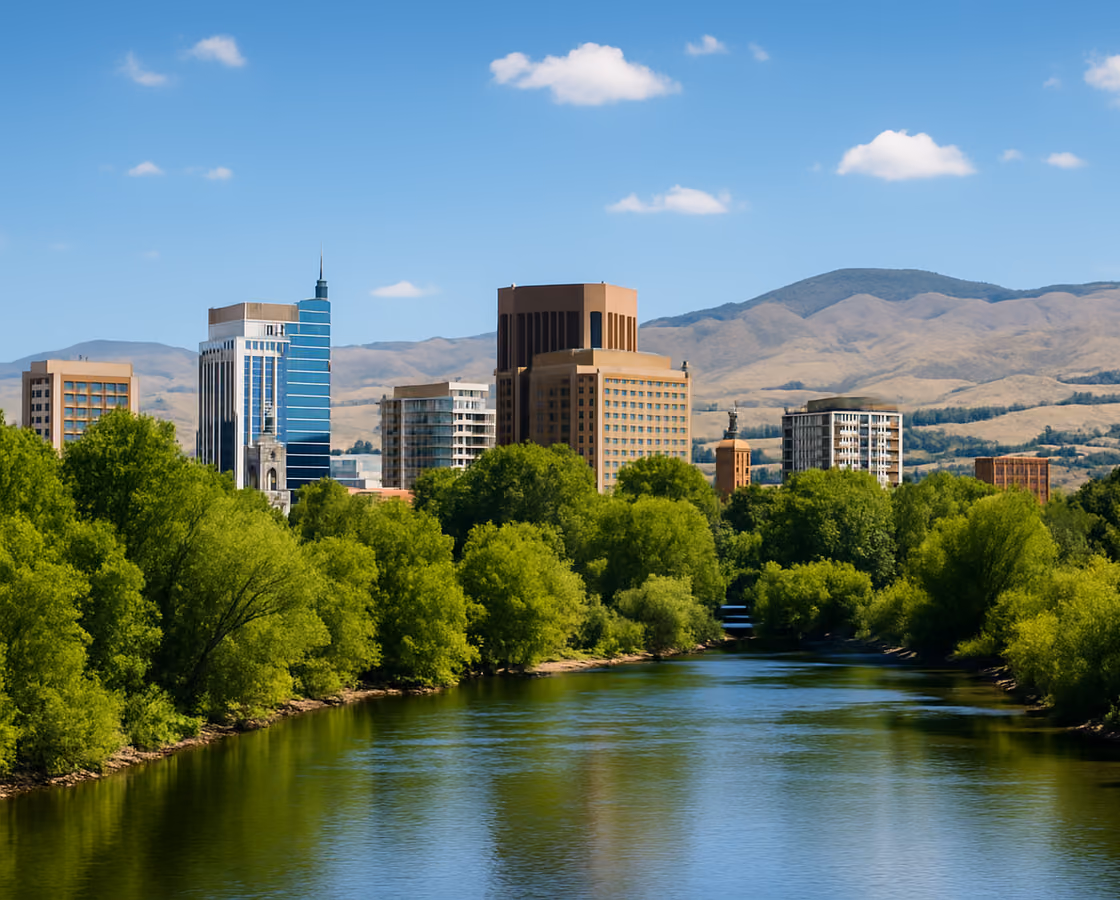 Downtown Boise, Idaho skyline with the foothills behind, seen from the Boise River greenbelt