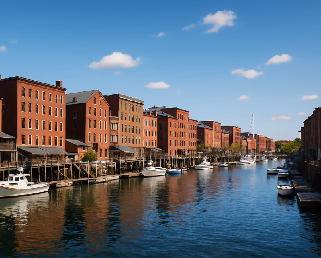Portland, Maine waterfront and Old Port with brick buildings along Casco Bay