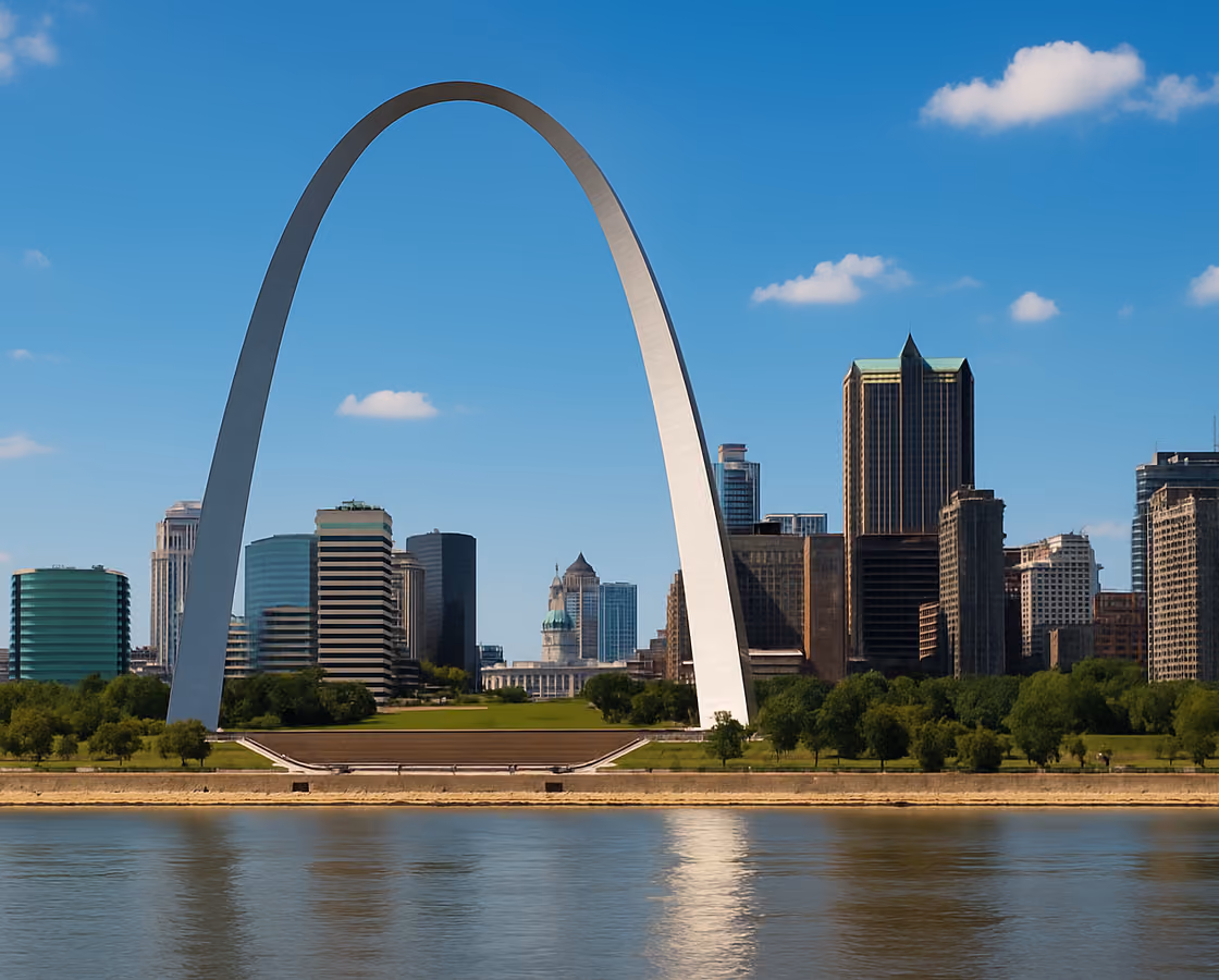 St. Louis, Missouri skyline with the Gateway Arch on the Mississippi riverfront