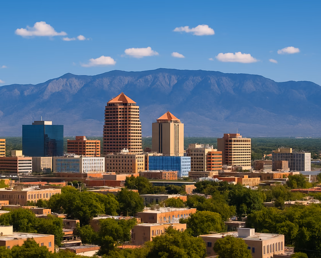 Downtown Albuquerque, New Mexico skyline with the Sandia Mountains behind
