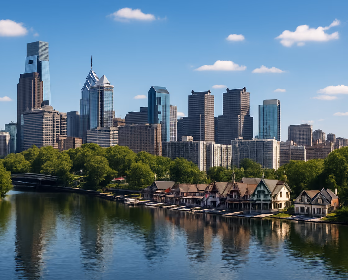 Philadelphia, Pennsylvania skyline from the Schuylkill River with Boathouse Row