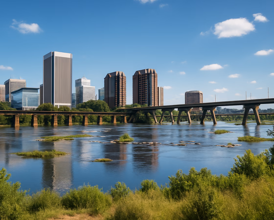 Richmond, Virginia skyline across the James River from Belle Isle