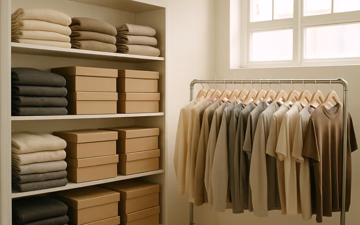 Folded clothing on white shelving beside rows of boxed footwear in a bright stockroom