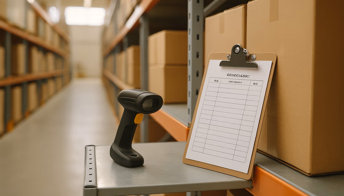 A barcode scanner and a clipboard with a count sheet on a racking shelf in a warehouse aisle