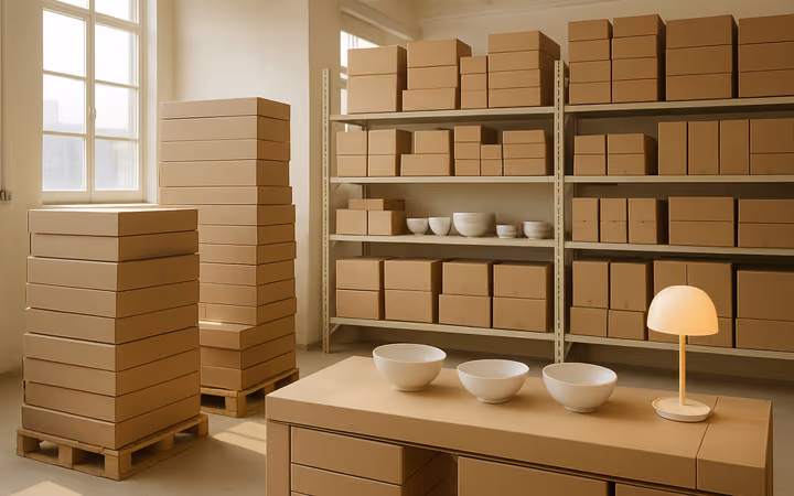 Stacked flat-pack furniture cartons and shelves of boxed housewares in a warehouse showroom