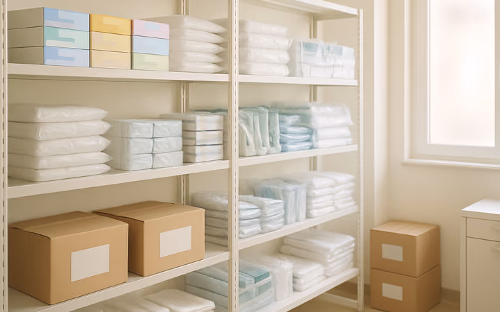 White shelving of boxed gloves and packaged consumables in a medical supply storeroom