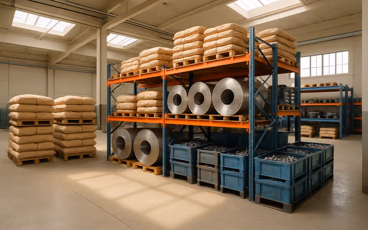 Pallets of raw material sacks, steel coils and bins of metal components on a factory floor