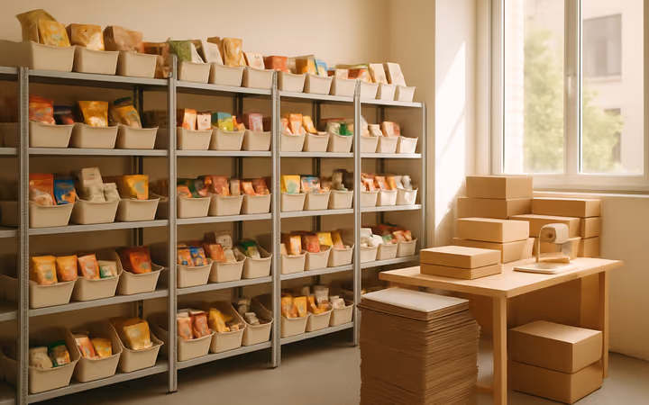 Rows of shelving bins of packaged goods and a packing station in a fulfillment warehouse