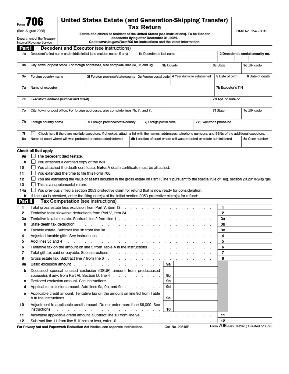 Page one of IRS Form 706, the United States Estate Tax Return