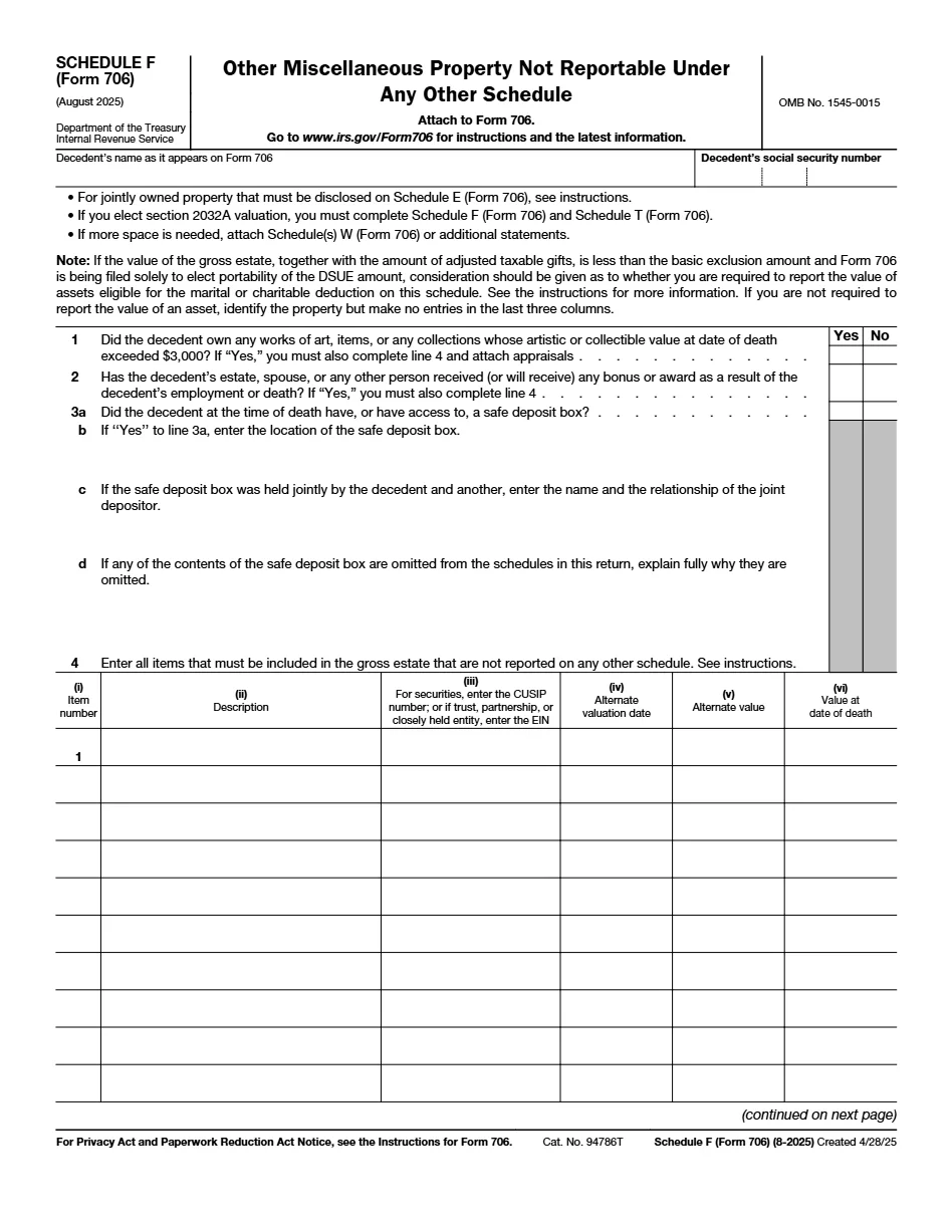 Schedule F of IRS Form 706, Other Miscellaneous Property Not Reportable Under Any Other Schedule, where an estate's household goods, art, and collections are reported