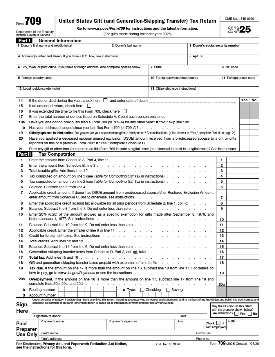 Page one of IRS Form 709, the United States Gift Tax Return