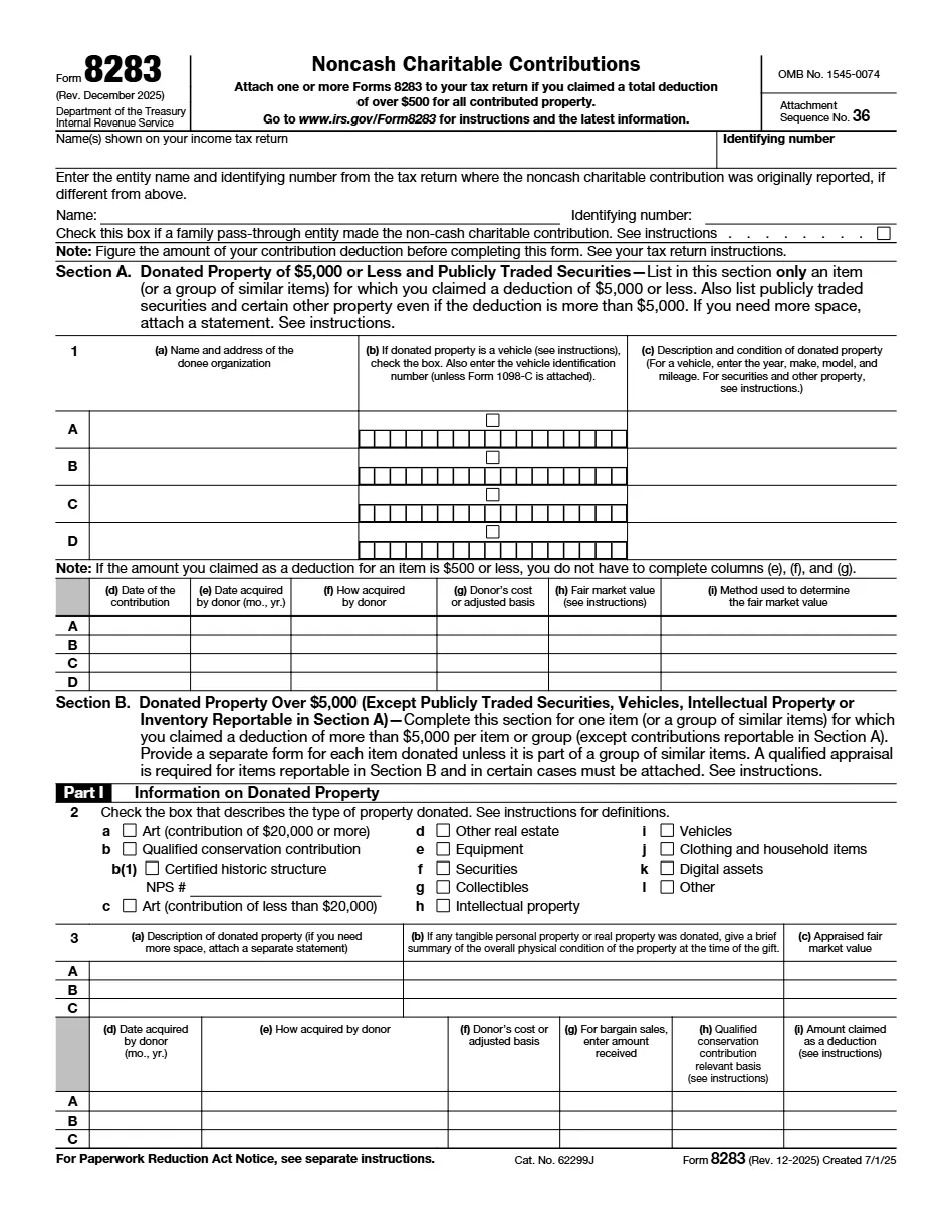 Page one of IRS Form 8283, Noncash Charitable Contributions