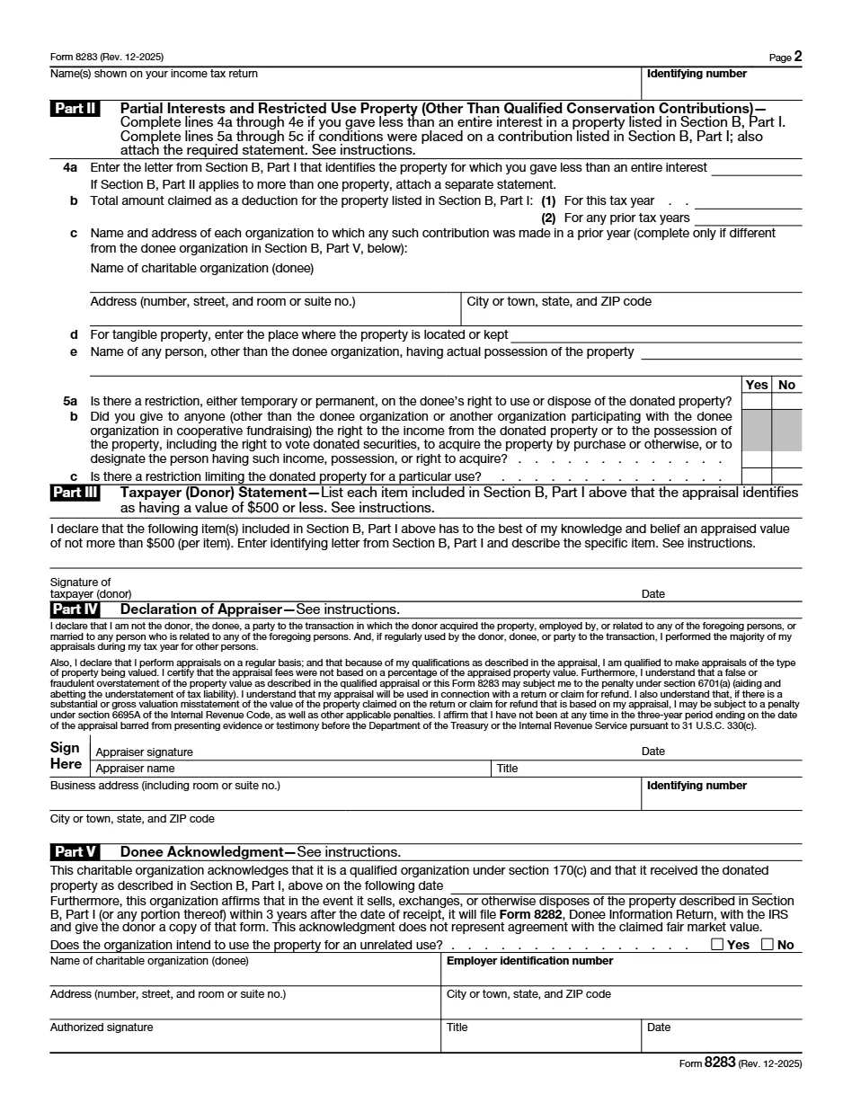 Page two of IRS Form 8283, carrying Part IV, the Declaration of Appraiser, and Part V, the Donee Acknowledgment