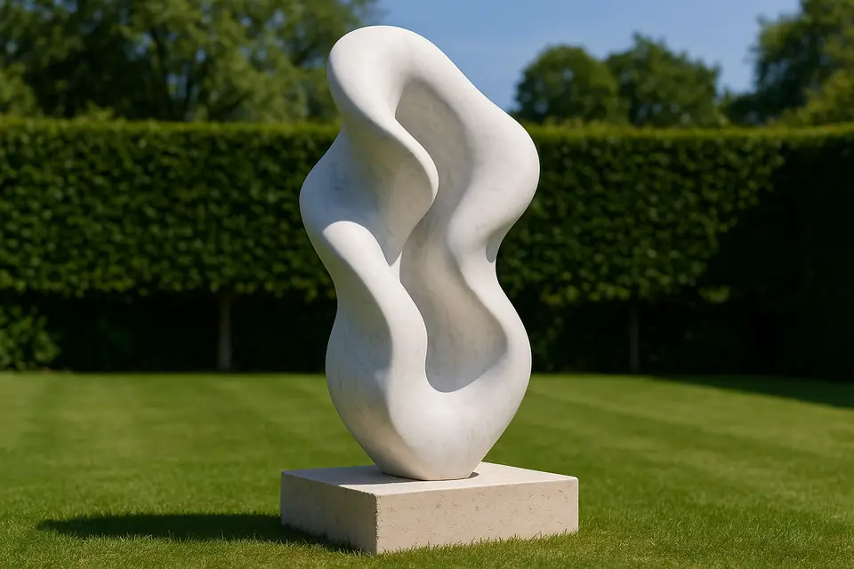 Smooth abstract white marble sculpture on a square limestone plinth on a lawn in bright daylight