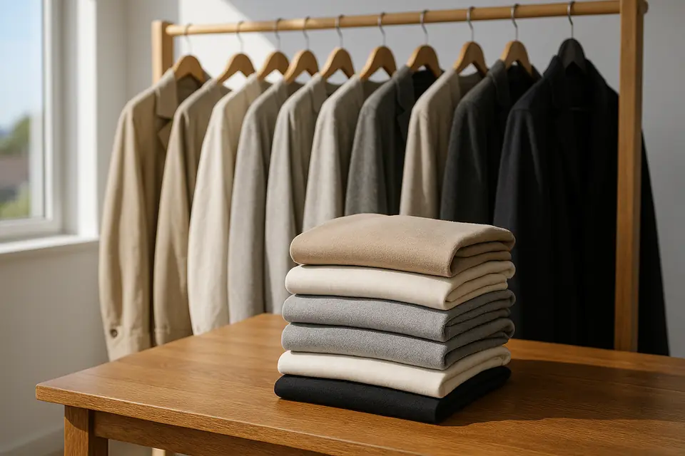 Folded clothing and coats on hangers arranged on a table in bright daylight