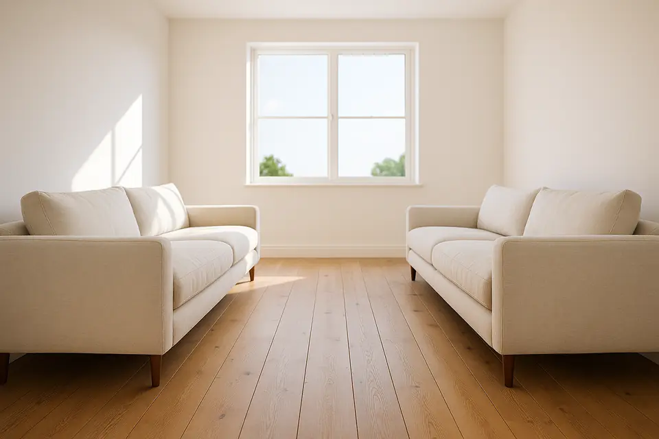 Two long pale upholstered couches in a bright empty room with wood flooring