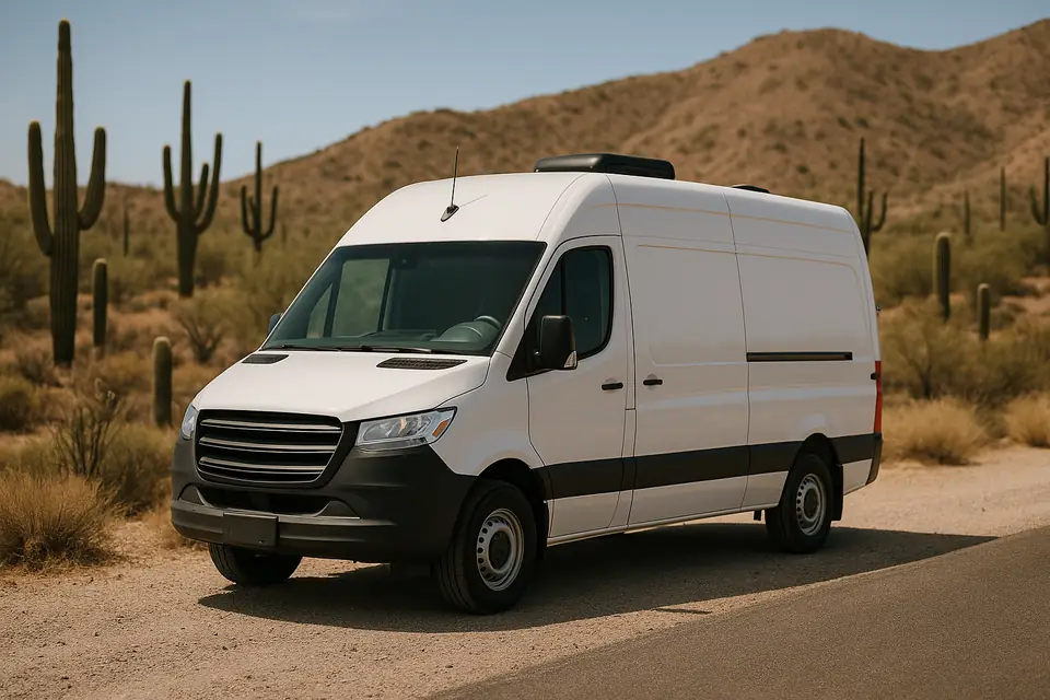 A white class B camper van parked on a desert road with scrub and hills behind it