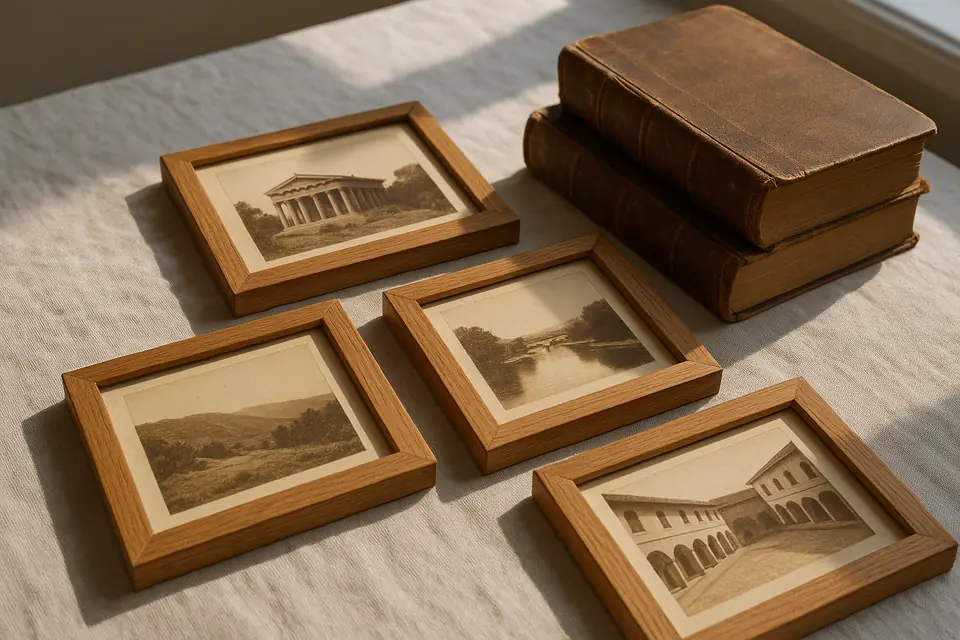 Four small sepia photographs in plain wooden frames laid on pale linen beside two worn leather bound books in daylight