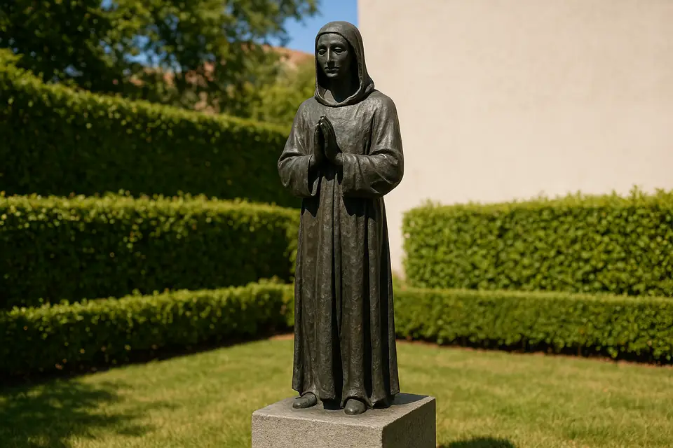 A dark patinated bronze statue of a robed standing figure on a plain stone plinth in a sunlit garden