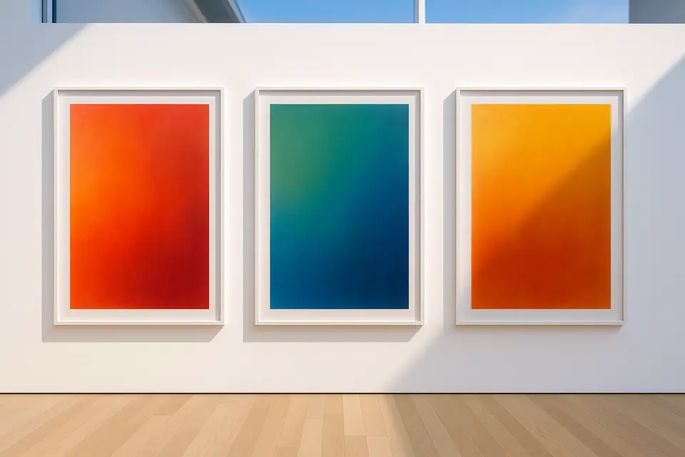Three large abstract prints in slim white frames hanging on a white gallery wall in bright daylight