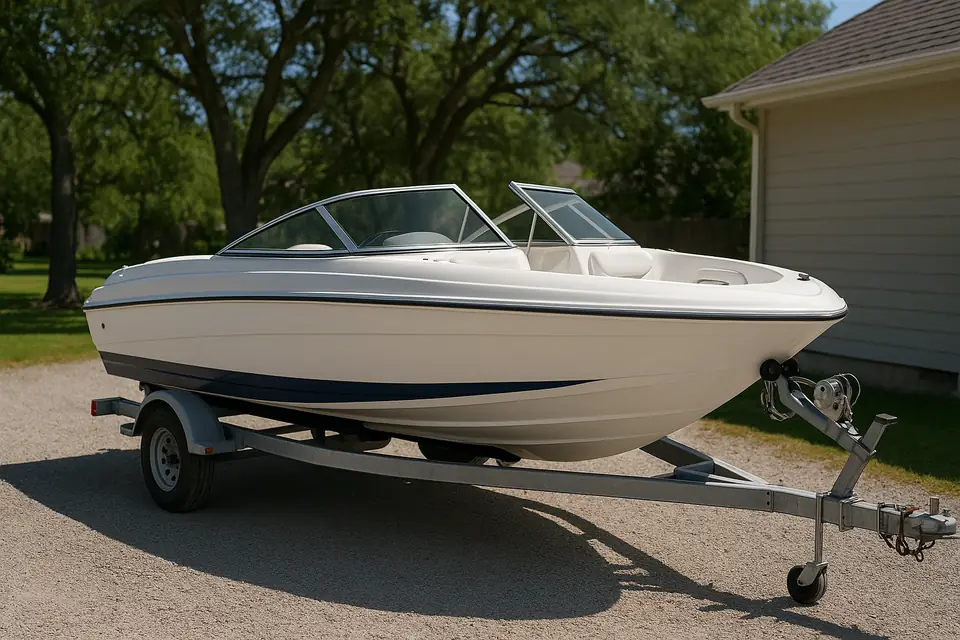 Fiberglass pleasure boat sitting on a galvanised trailer on a gravel driveway in daylight