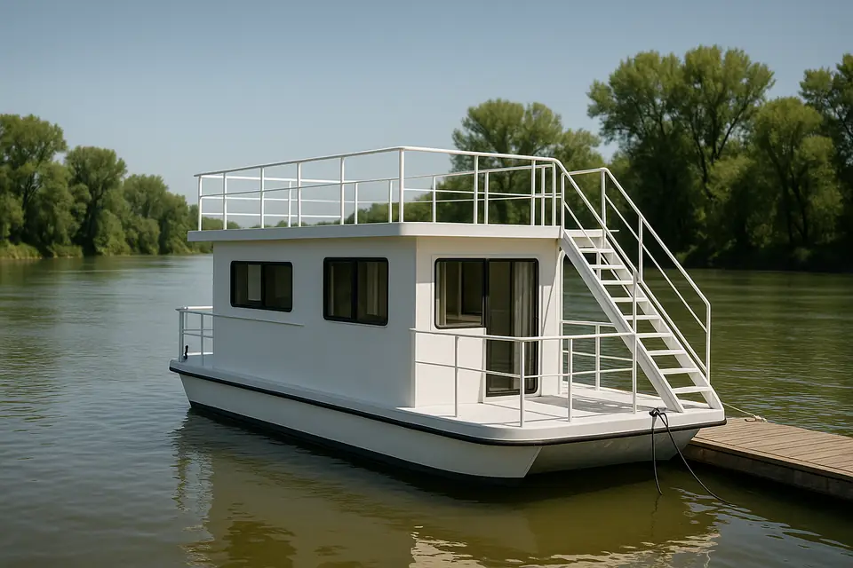 White two level houseboat moored on a calm inland river under a bright sky