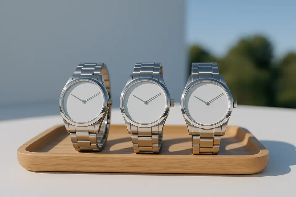 Three steel wristwatches with blank dials and link bracelets standing in a row on a light wooden tray in bright daylight