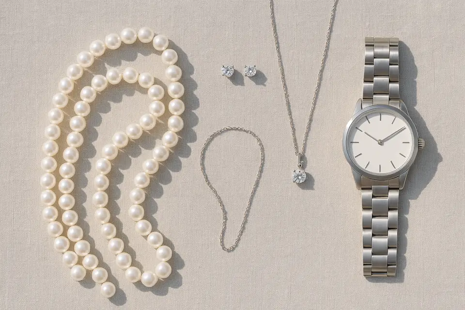 Two strands of white pearls, diamond stud earrings, a diamond pendant and a plain steel wristwatch laid out on pale linen in bright daylight
