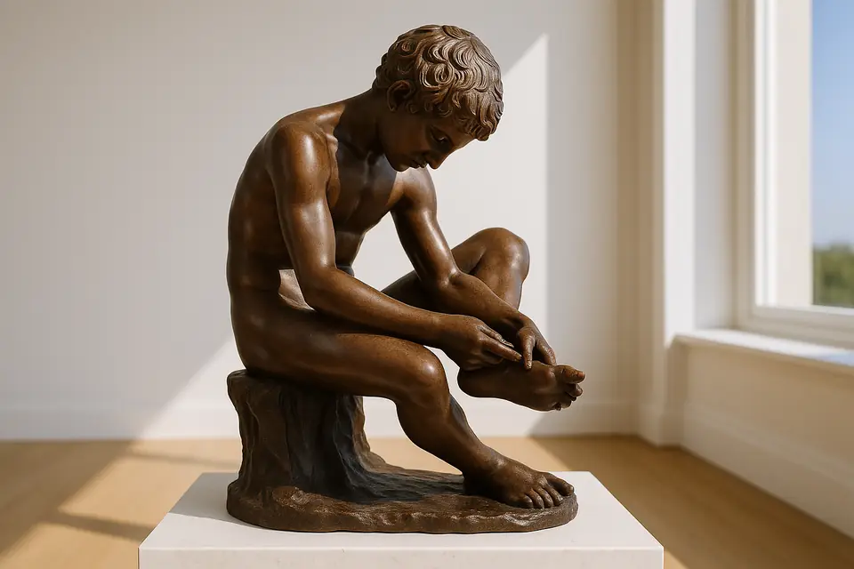 Bronze sculpture of a seated boy pulling a thorn from his foot, on a marble pedestal
