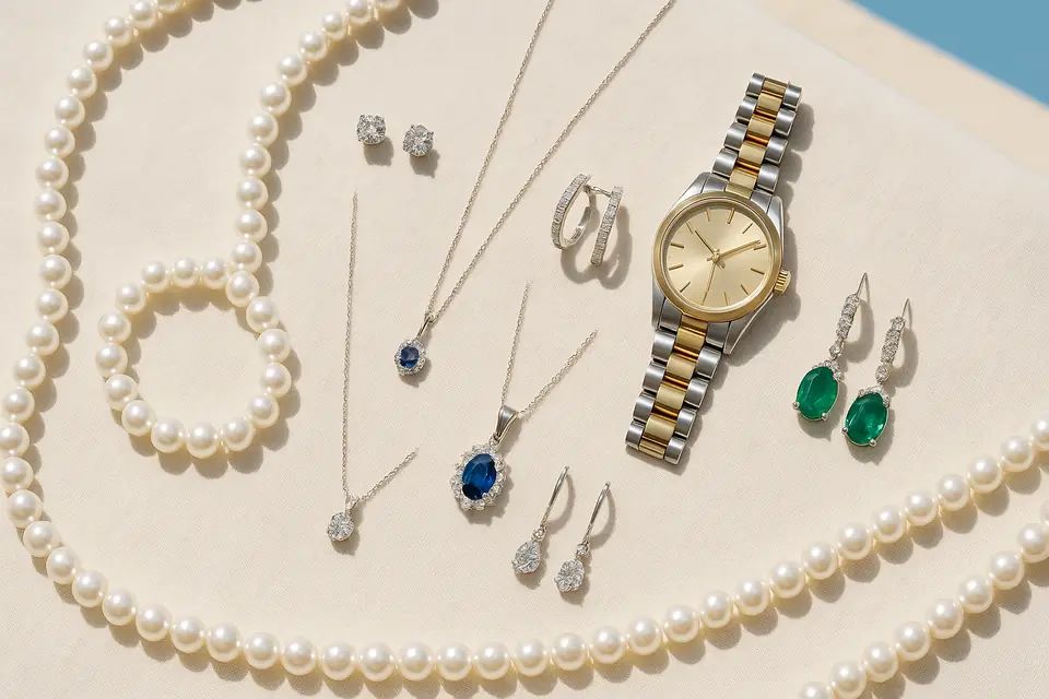 Pearl strands, diamond and gemstone jewelry, and a wristwatch laid out on linen