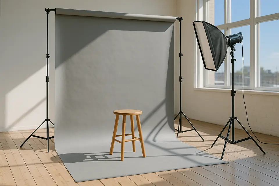An empty portrait photography studio with a paper backdrop, a wooden stool and a softbox light