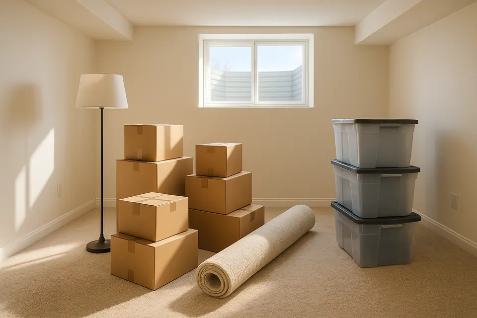 Cardboard boxes, a folded rug and stacked household items in a bright empty basement room