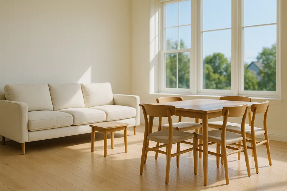 A pale upholstered sofa, side table and dining chairs in a bright sunlit room