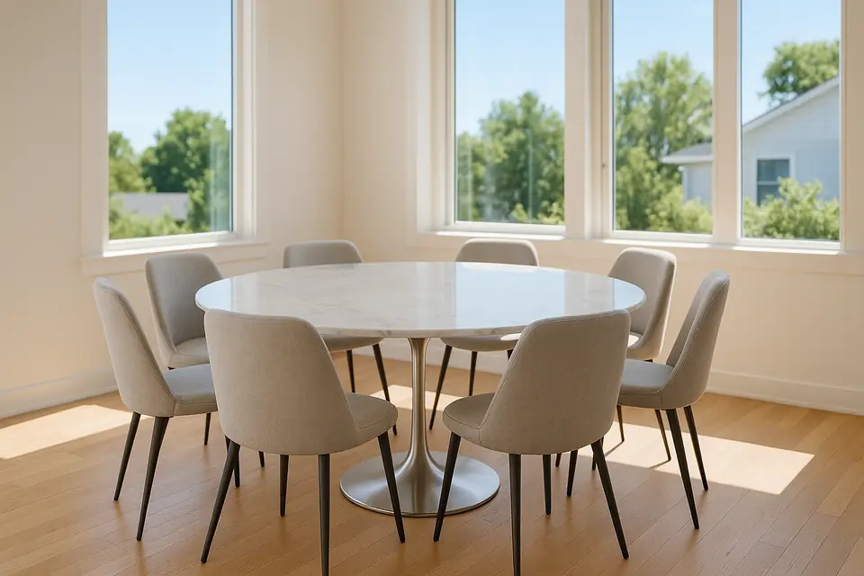 Round white marble dining table with chrome legs and pale upholstered chairs in a bright room