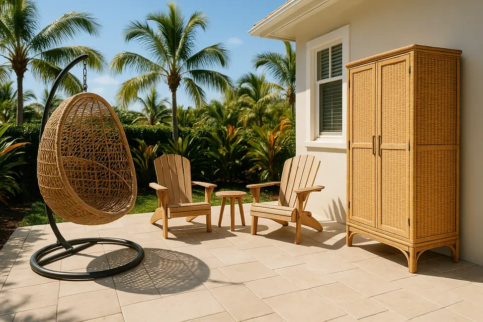 A hanging egg chair, wooden adirondack chairs and a woven rattan cabinet on a sunlit terrace