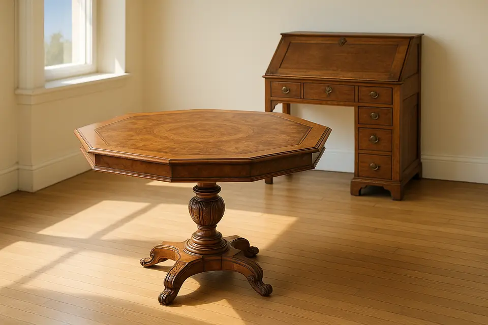 An octagonal walnut dining table with burl inlay beside a slant top oak desk in a bright room