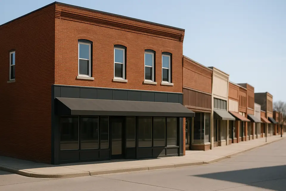 A two story red brick commercial building on a quiet small town main street, with a dark awning over plain shopfront windows under a clear sky