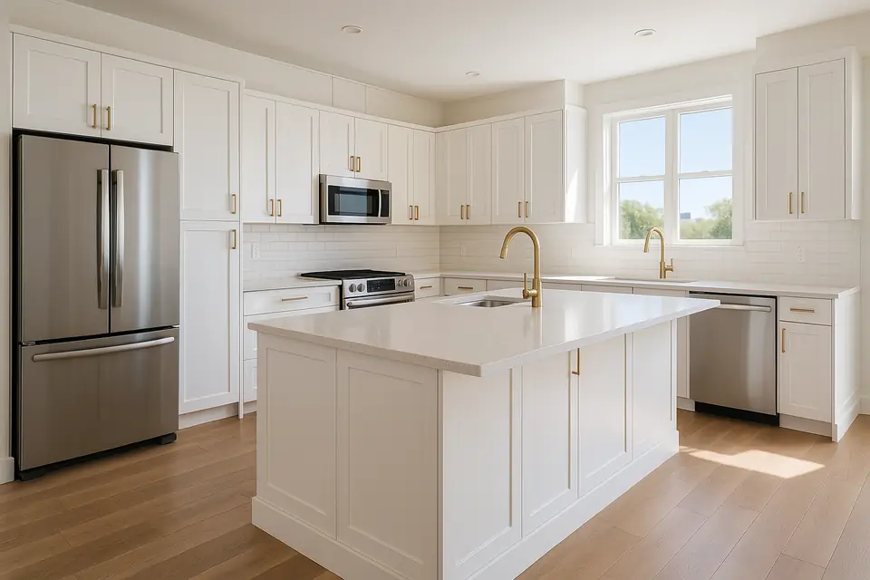 Empty modern kitchen with white cabinets, a quartz island, and brushed gold fixtures