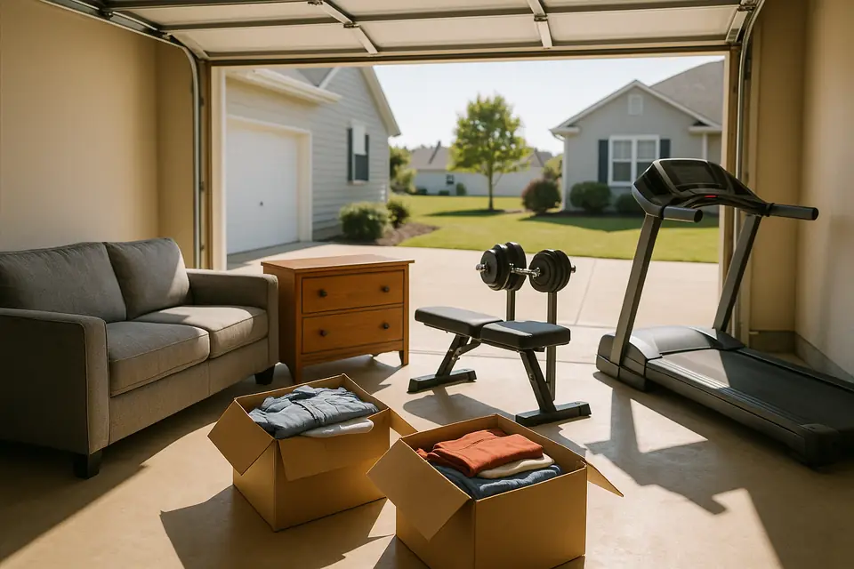 Open garage holding a sofa, a dresser, a weight bench, a treadmill, and boxes of folded clothing