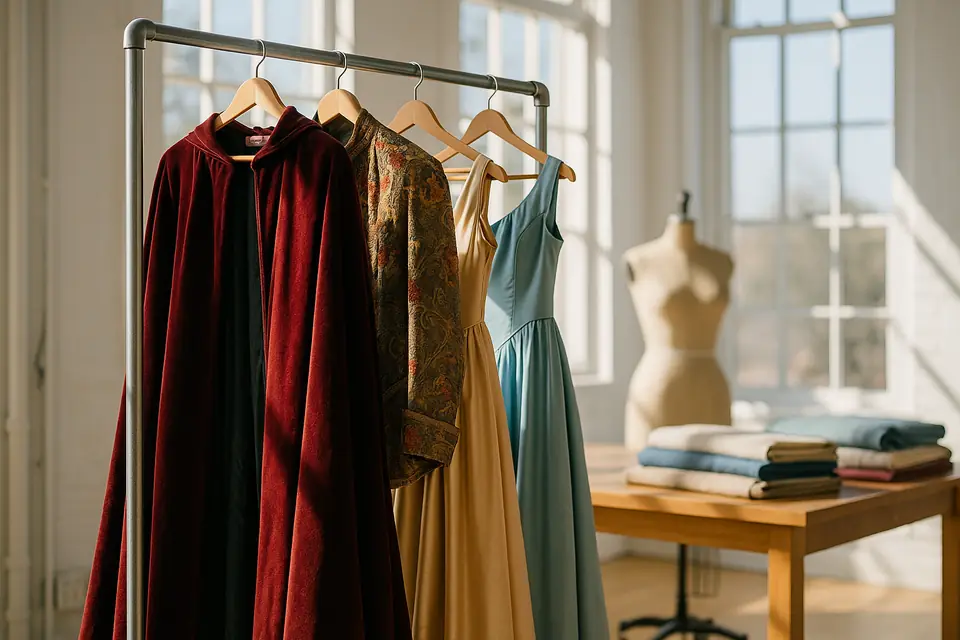 Rack of velvet and brocade stage costumes in a sunlit sewing studio