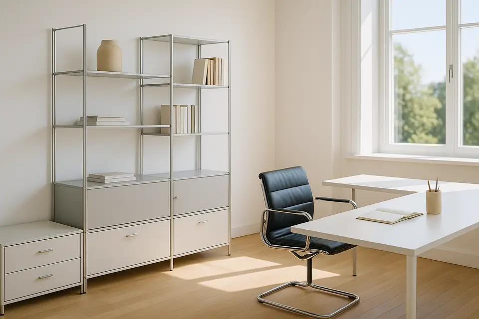 A modular steel and laminate shelving unit beside a black leather office chair and a desk in a bright room