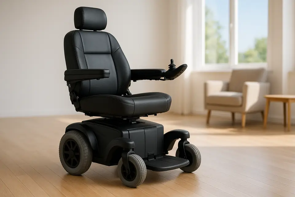 Power wheelchair with a padded seat and joystick control in a bright empty living room