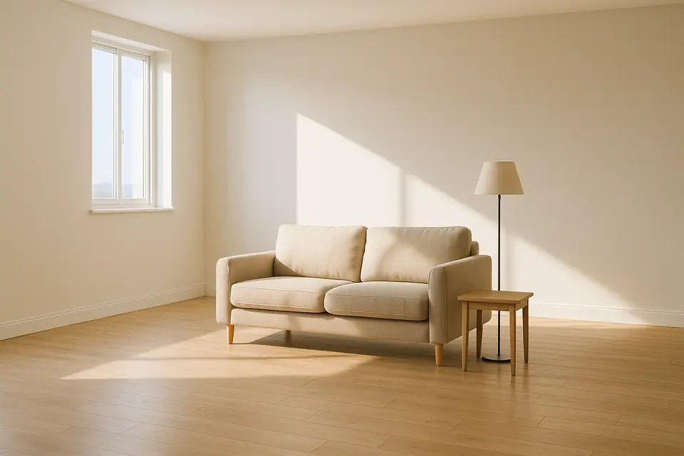 A neutral fabric sofa, a wooden side table and a floor lamp grouped in an empty sunlit room with pale walls
