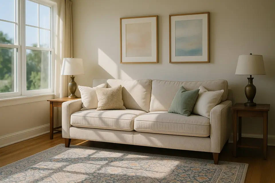 Sunlit living room with an upholstered sofa, side tables, lamps and framed pictures