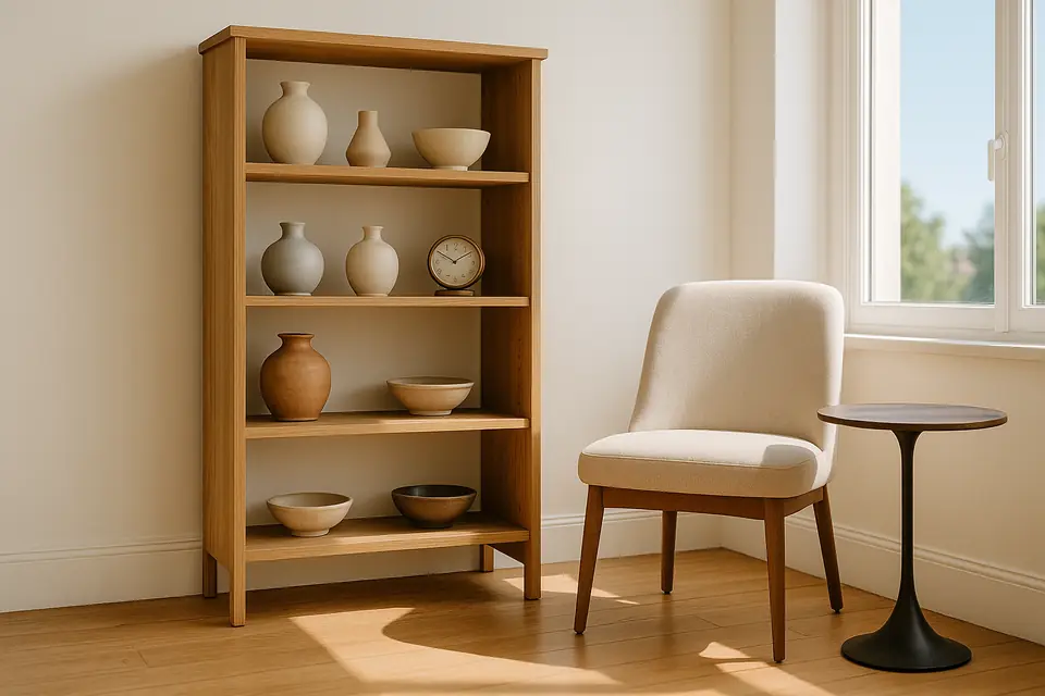 Wooden bookcase, side chair and decorative objects grouped in a bright room