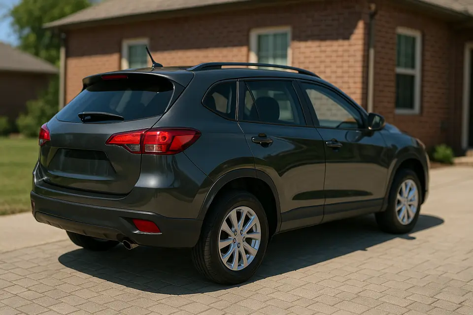 Dark gray five door crossover SUV parked on a paved driveway in bright daylight