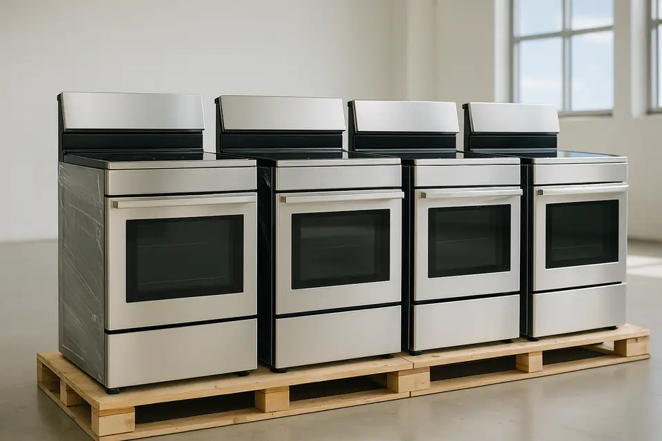 A row of new stainless steel freestanding electric ranges on a pallet in a bright clean warehouse
