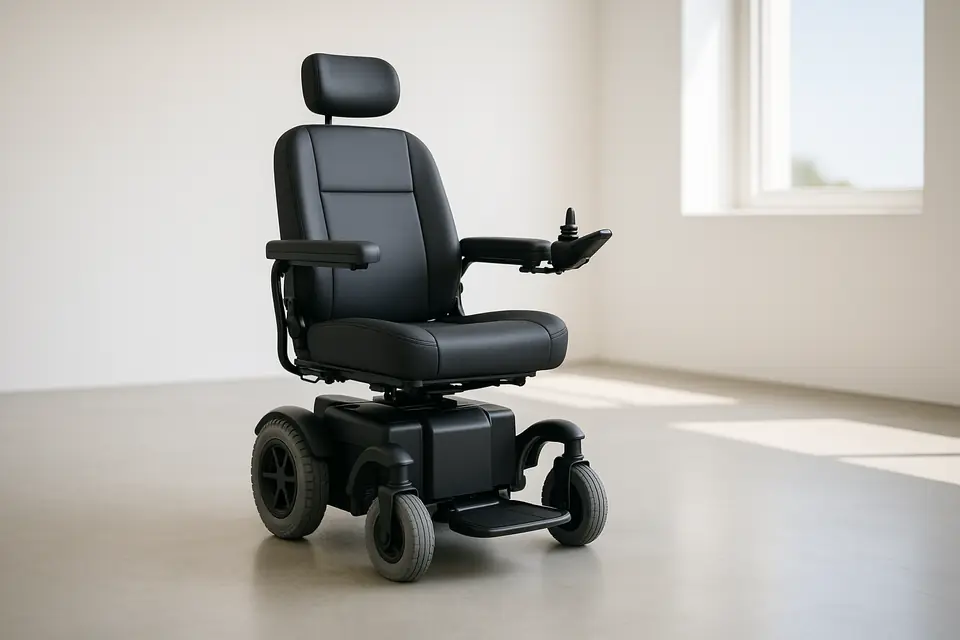 A powered mobility chair with a padded seat, headrest and joystick control, photographed in a bright empty room