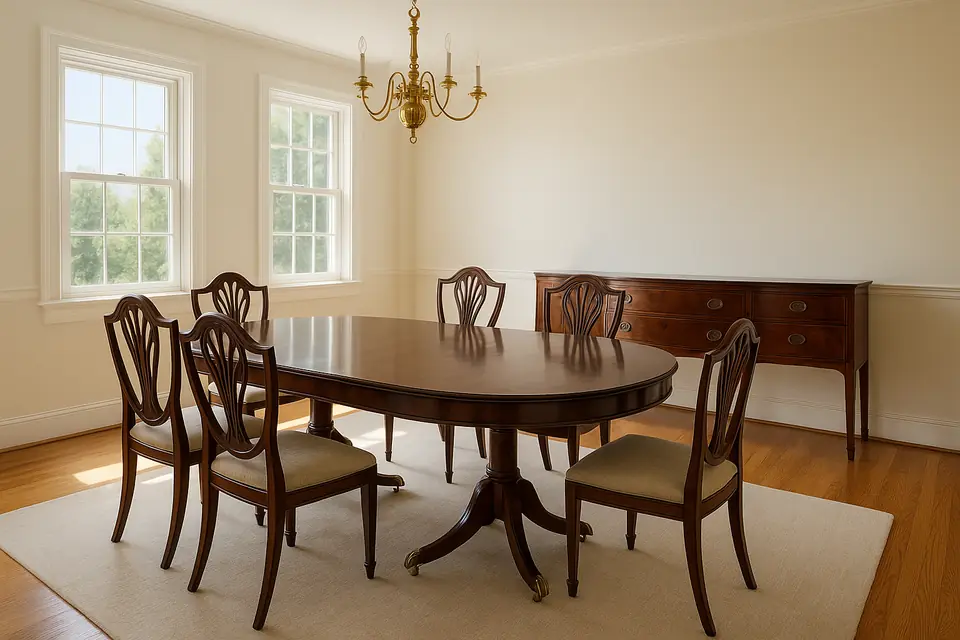 Polished mahogany double pedestal dining table with shield back chairs and a matching sideboard in a bright dining room
