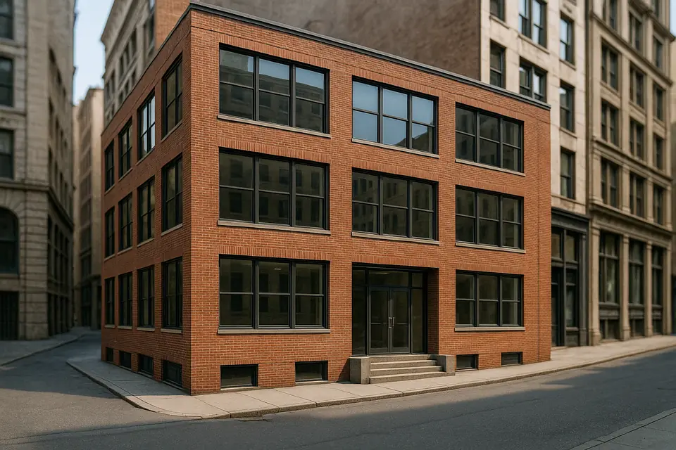 A low rise brick and glass office building on a narrow city side street, seen from the opposite sidewalk in daylight